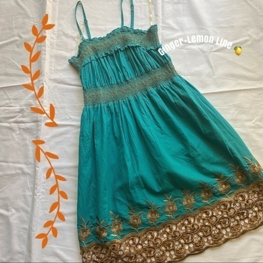 Magic Teal & Gold Floral Embroidered Boho Dress Medium M Sleeveless Crochet Hem